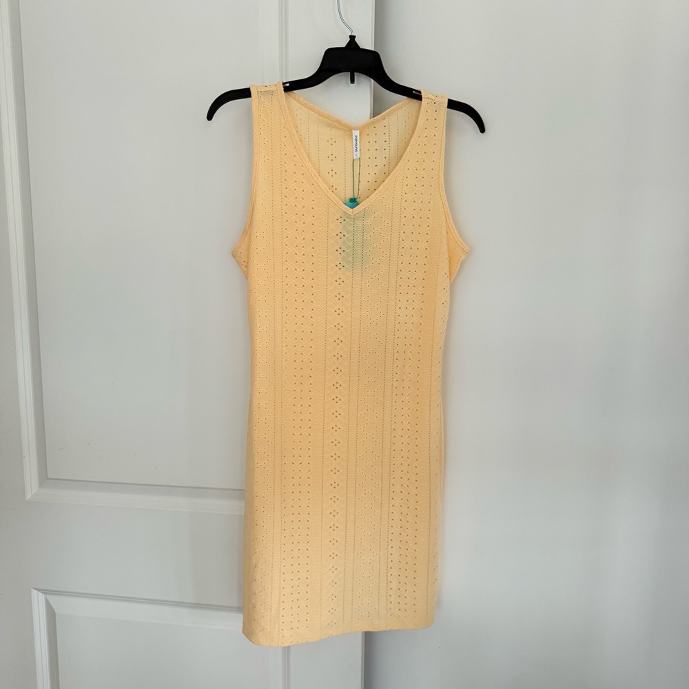 POPYOUNG NWT Bodycon Minidress Beach Cover Up Pale Yellow Eyelet Sheer V-Neck L - Picture 2 of 12